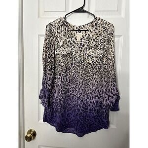 Chicos Women's Animal Print Ombre Purple Button Down Long Sleeve Top 1141-R